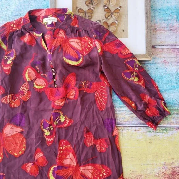 Amour Vert Red Dalila Silk Butterfly Print Tunic Shift Mini Dress M - Picture 4 of 11